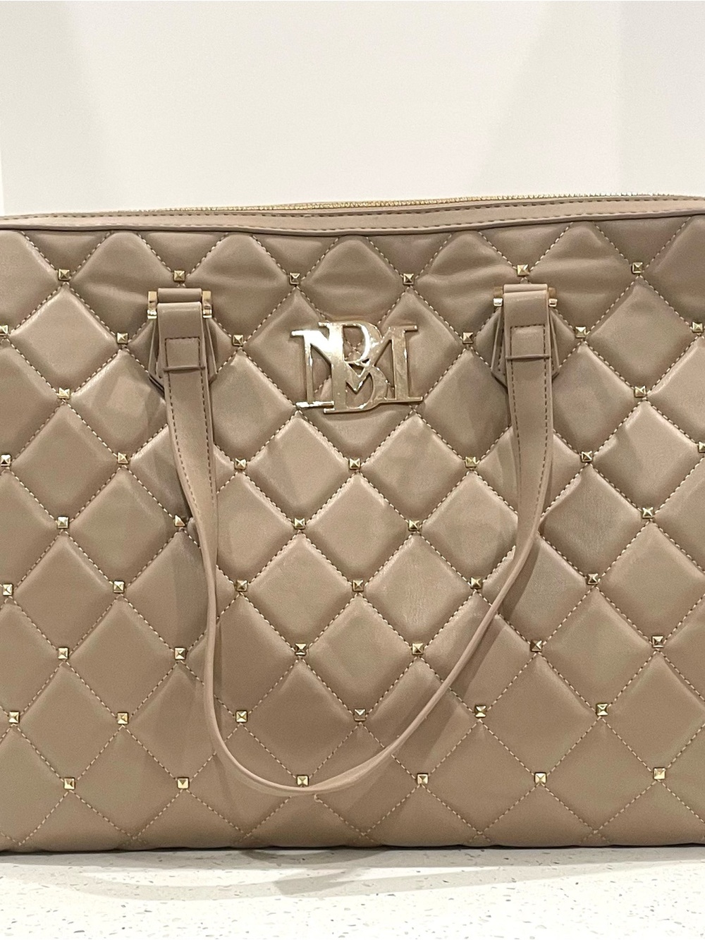 Badgley Mischka Quilted Taupe Tote with Gold Hardware